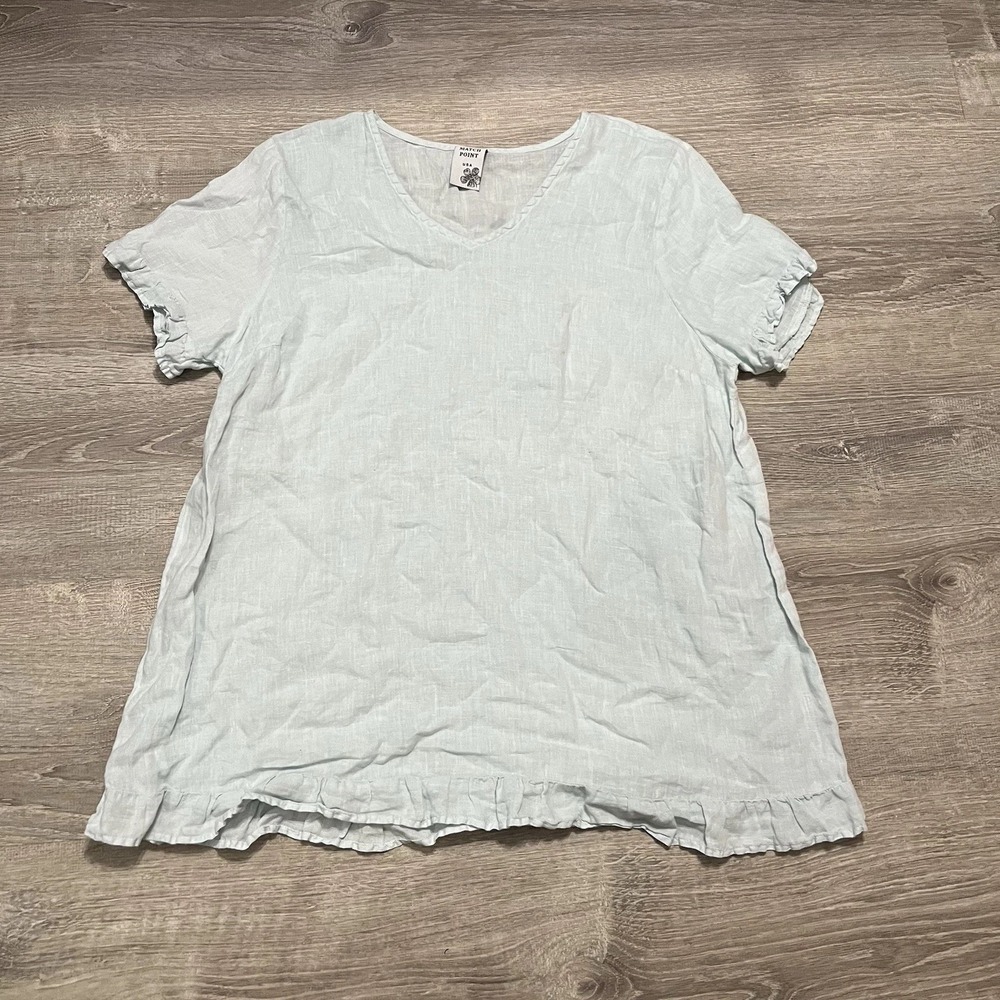 Match Point Linen Tunic Women L Light Blue Ruffle Trim Lagenlook Boho Top
